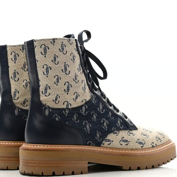 Jimmy Choo Jacquard Monogram Calfskin Cora Flat Combat Women Boots Sand Dune 39 - Picture 7 of 9